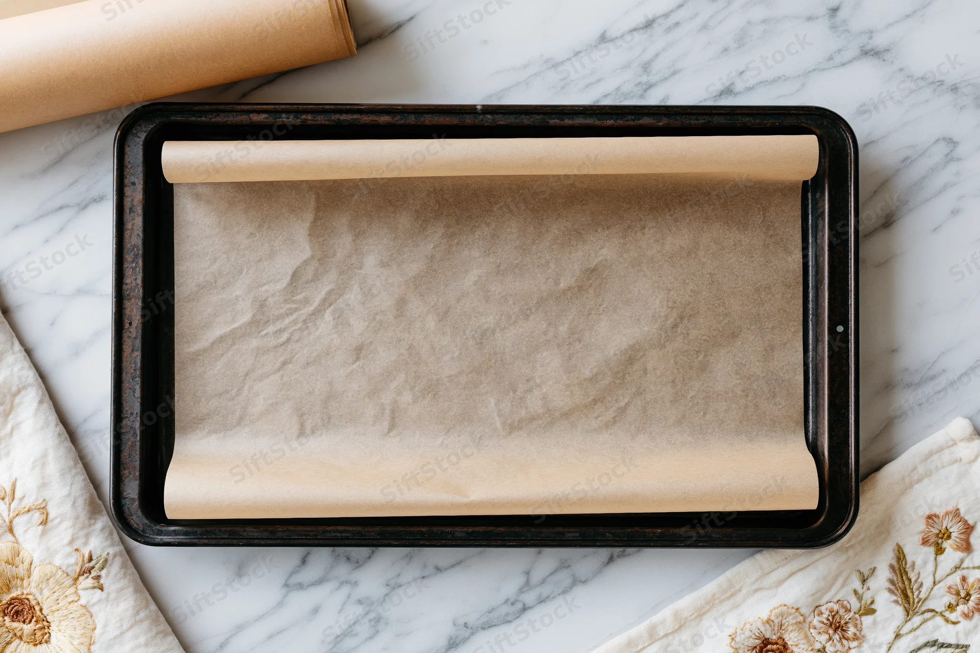 Parchment paper lined loaf pan on marble countertop with floral cloth nearby