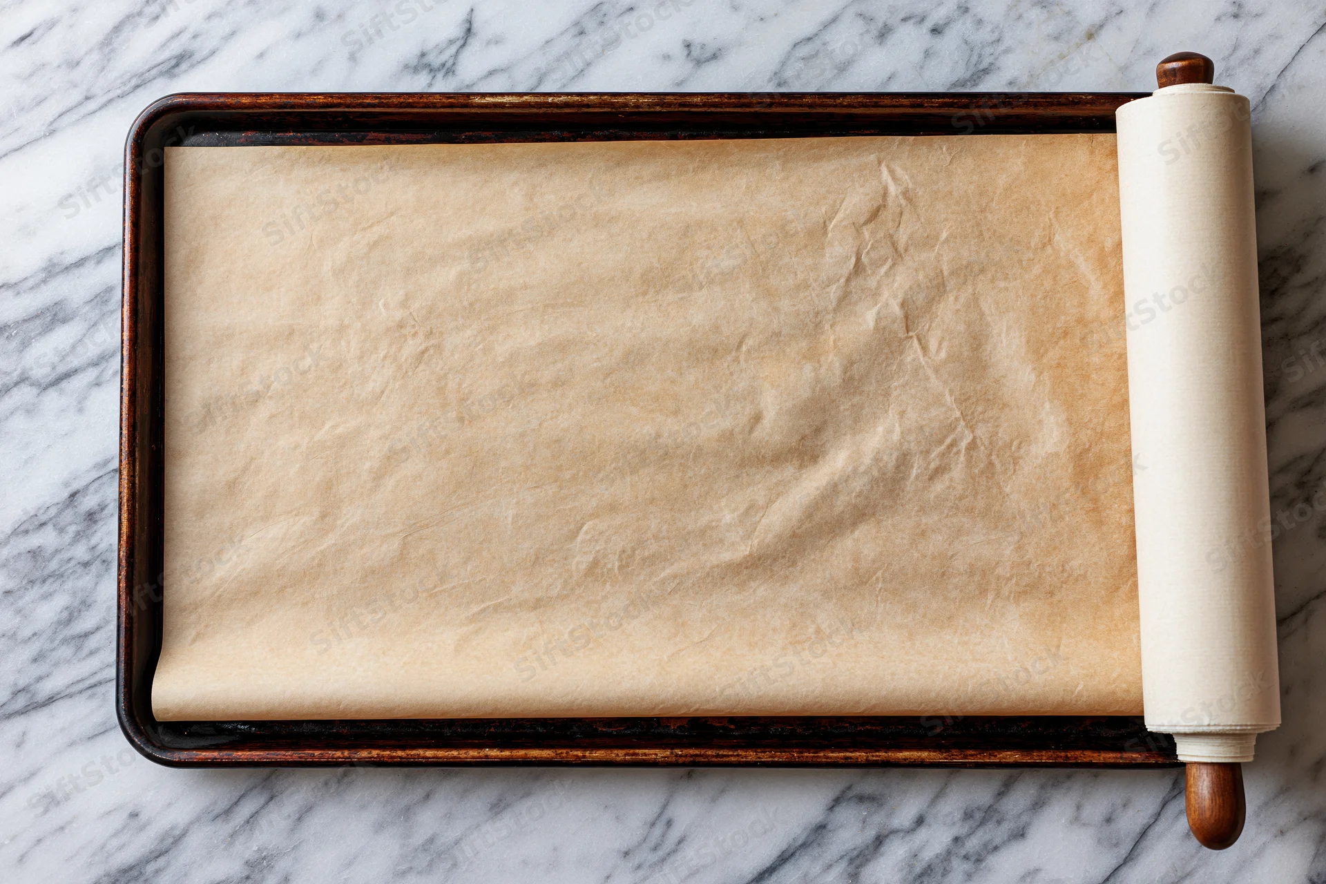 Parchment paper laid on a baking tray on a marble countertop