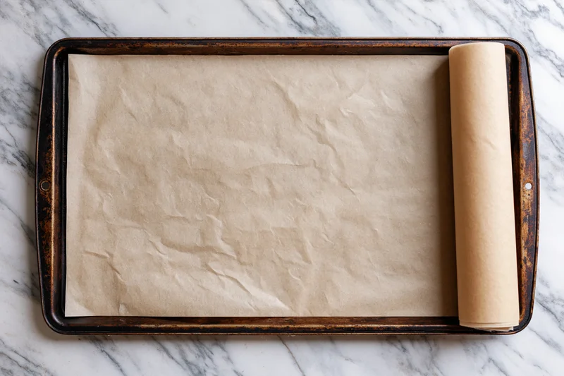 Parchment paper unrolled on a baking tray resting on a marble countertop