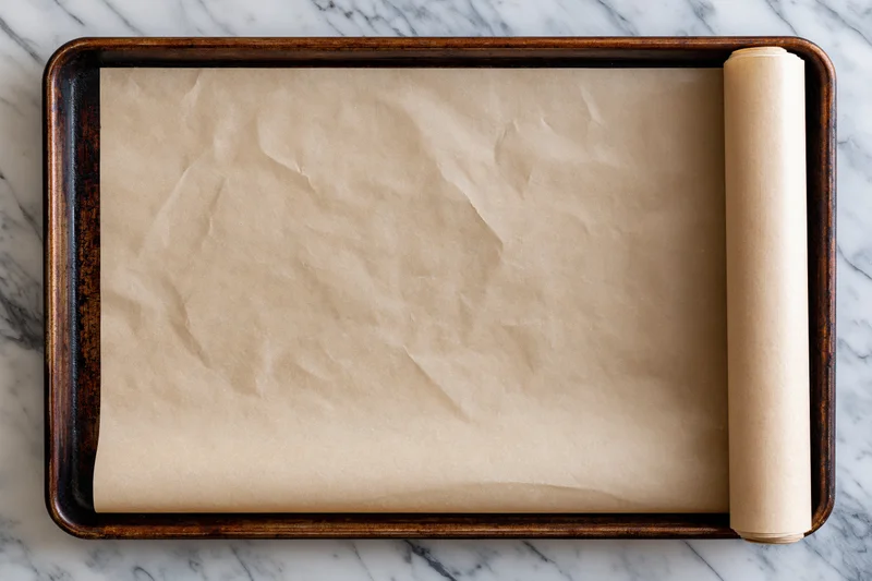 Parchment paper laid on a baking tray on a marble countertop