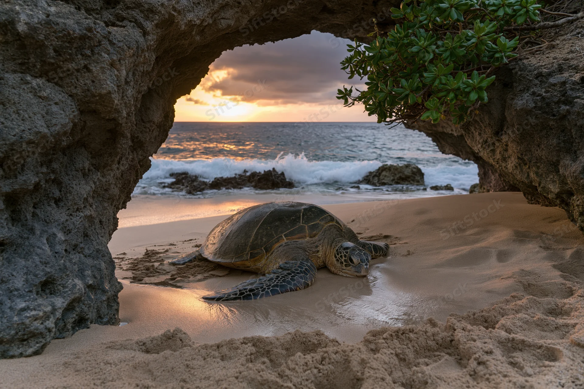 Green sea turtle resting on sandy beach under rock arch at sunset