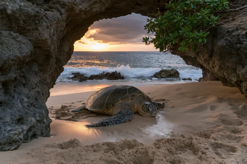 Green sea turtle resting on sandy beach under rock arch at sunset