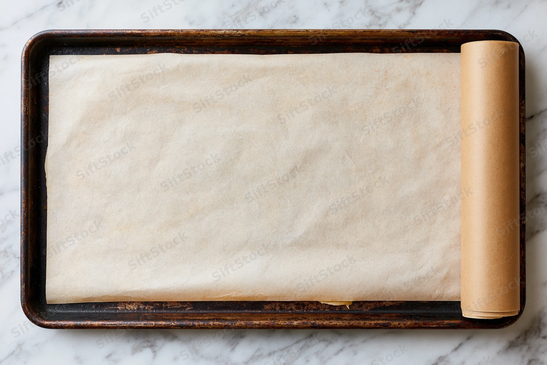 Parchment paper unrolled on a baking tray on a marble countertop