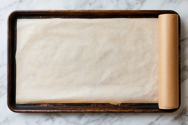 Parchment paper unrolled on a baking tray on a marble countertop