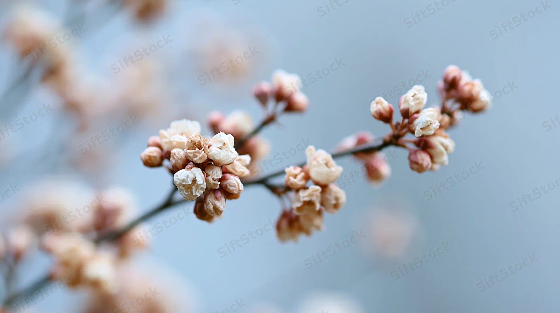 Cherry blossom branch in bloom against soft blue sky background