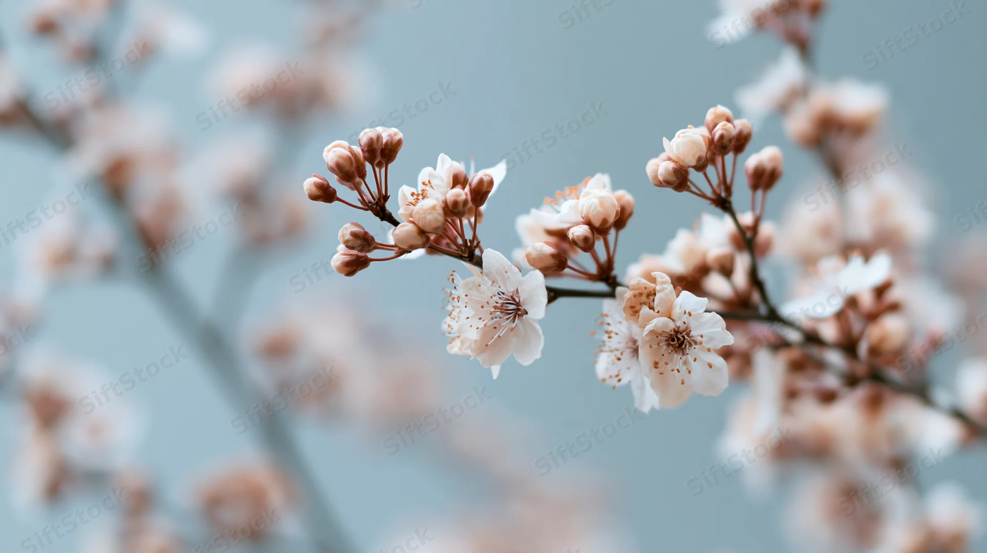 Cherry blossoms blooming on a branch against a soft blue sky background