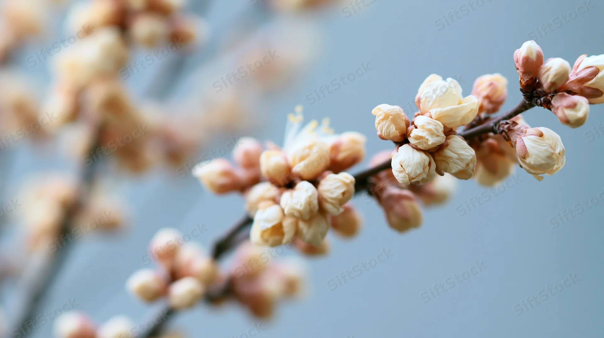 Apricot blossoms blooming on a branch against a soft blue sky