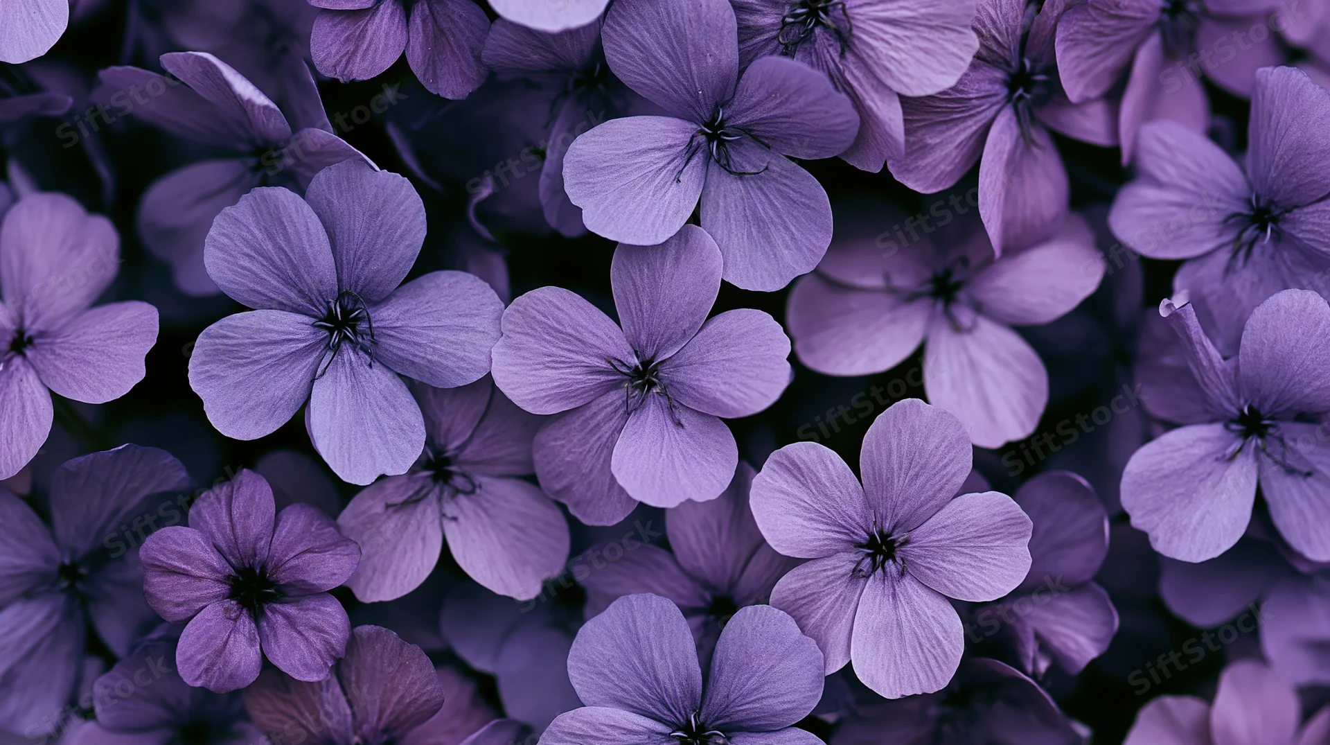 Closeup of purple flowers blooming in a dense cluster, filling the frame with soft petals and dark centers