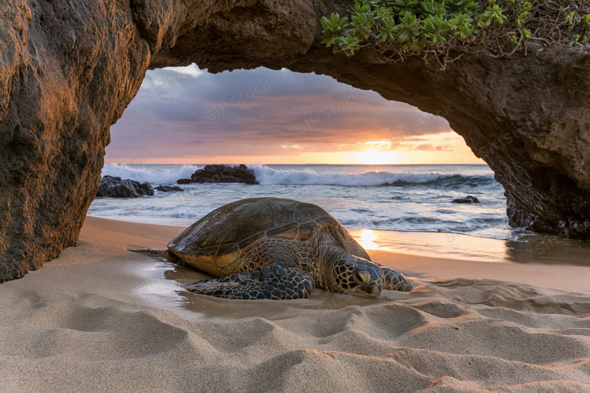 Sea turtle resting on sandy beach under rock arch at sunset with ocean waves in background