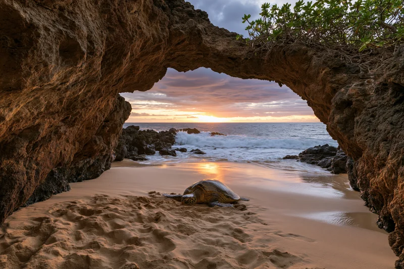 Sea turtle resting on sandy beach under natural rock arch at sunset overlooking ocean waves