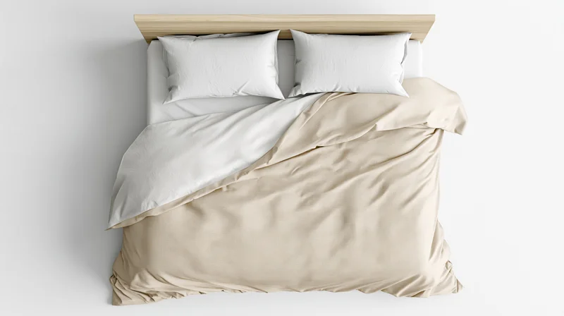 Overhead view of unmade bed with white and beige bedding against white wall