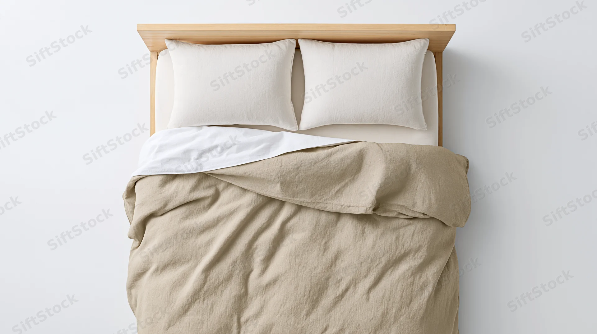 Top-down view of a neatly made bed with beige duvet and white pillows against a plain white wall