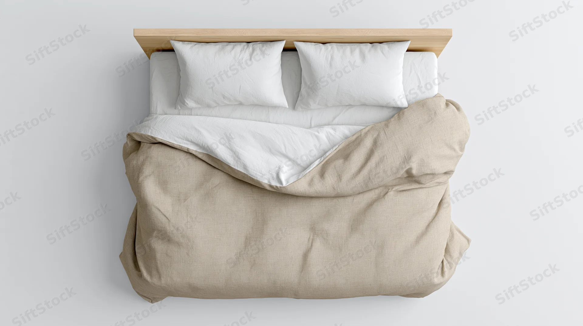 Overhead view of a neatly made bed with white pillows and beige duvet on a wooden headboard against a white background