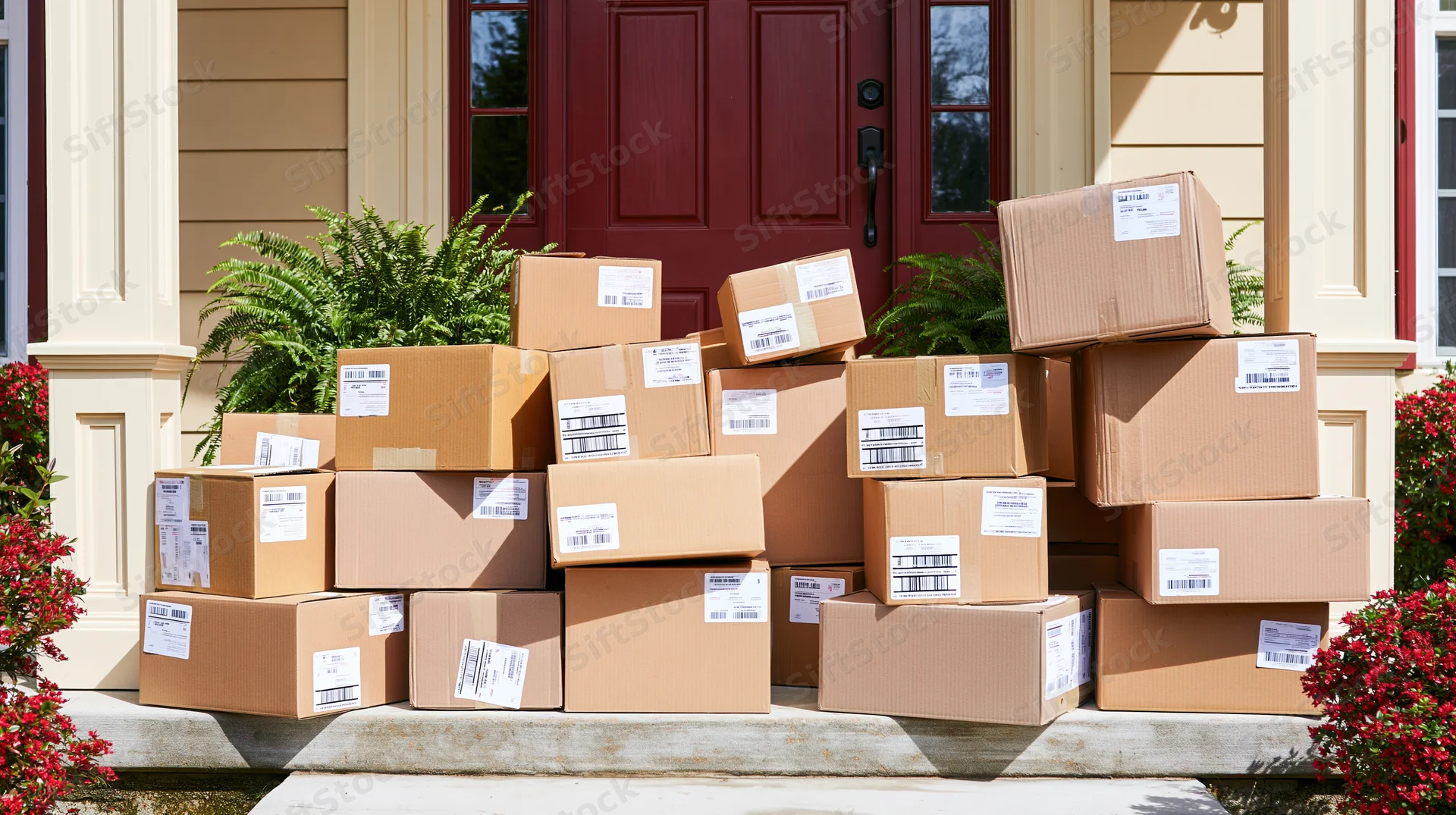 Stacks of delivery packages piled on a residential doorstep in front of a red door