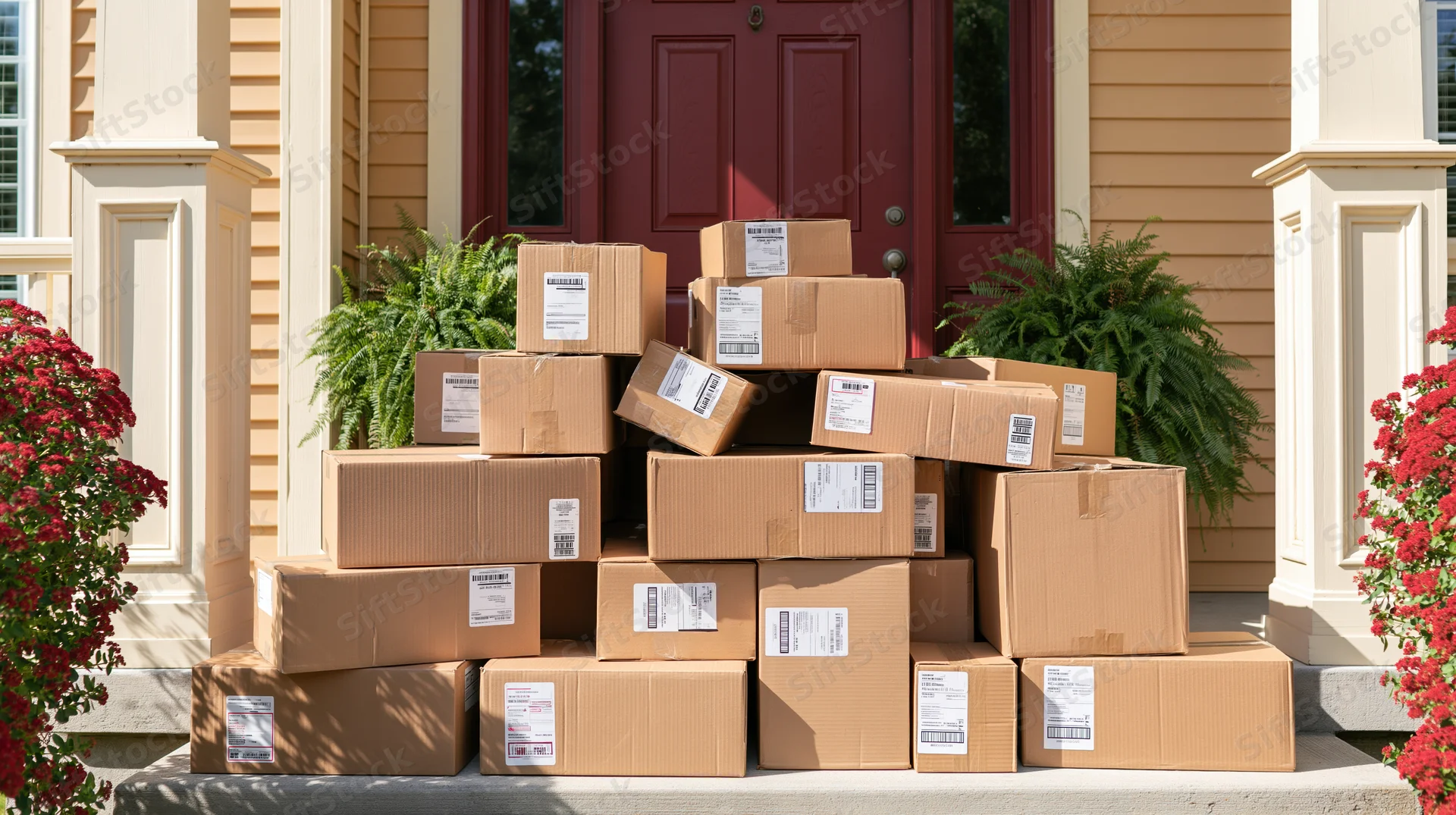 Stack of cardboard boxes piled on a front porch doorstep in front of a red door