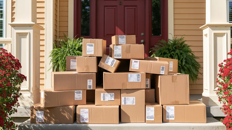 Stack of cardboard boxes piled on a front porch doorstep in front of a red door