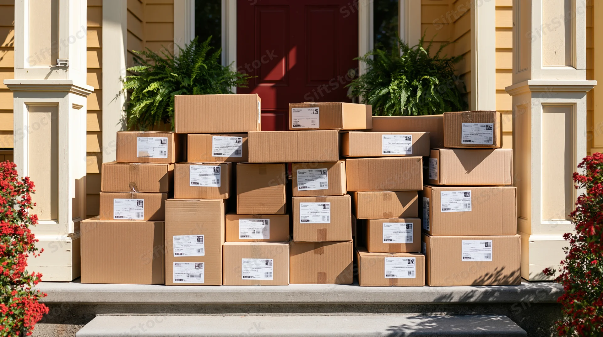 Stack of delivery packages on a house porch in front of a red door