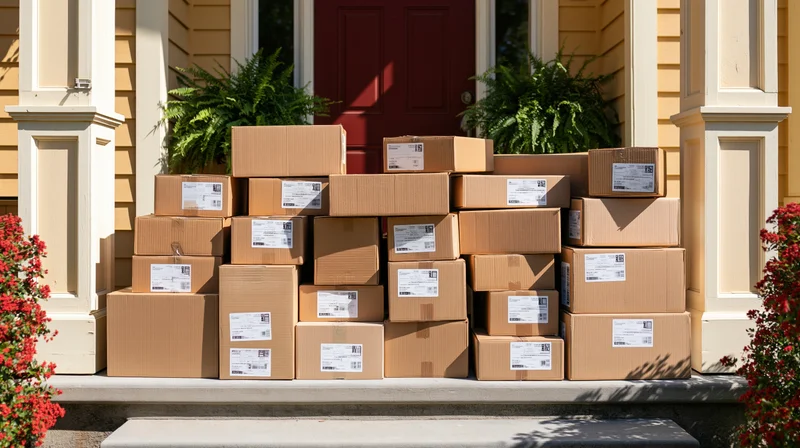 Stack of delivery packages on a house porch in front of a red door
