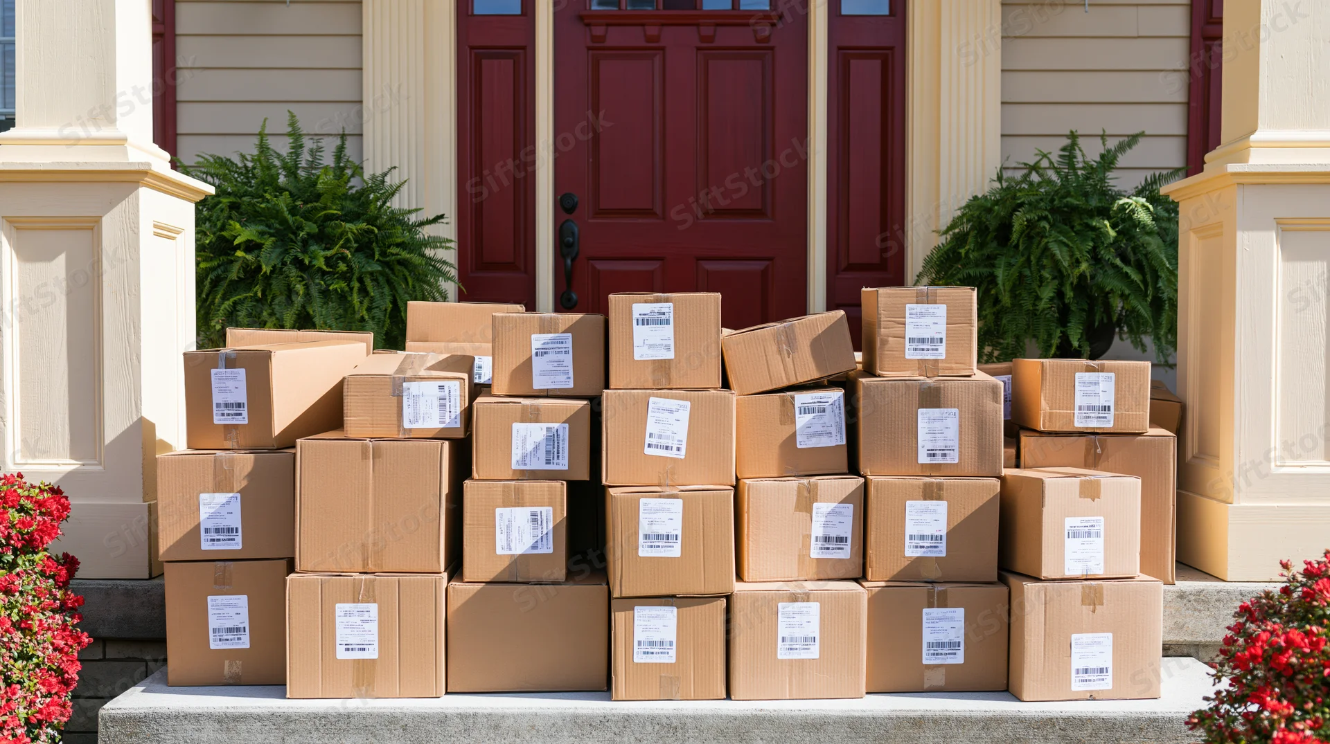 Stacks of cardboard packages piled on a front porch doorstep in front of a red door