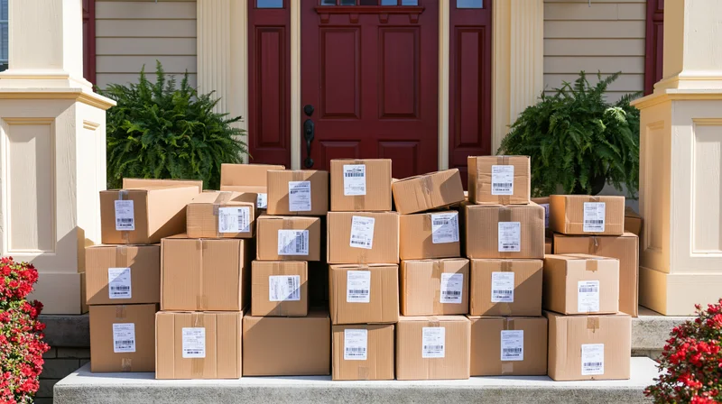 Stacks of cardboard packages piled on a front porch doorstep in front of a red door