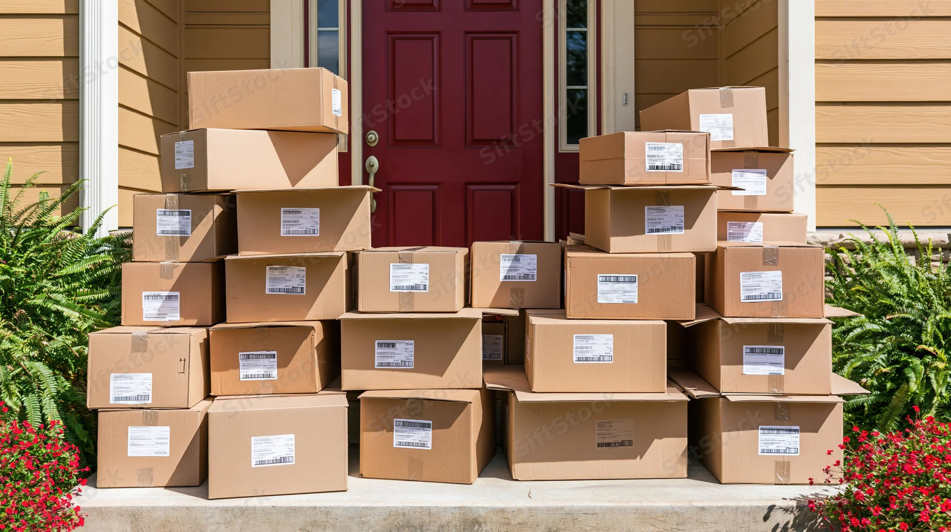Stacks of cardboard boxes piled on a residential doorstep in front of a red door