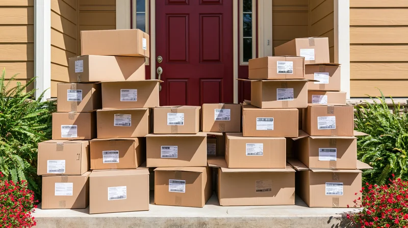 Stacks of cardboard boxes piled on a residential doorstep in front of a red door