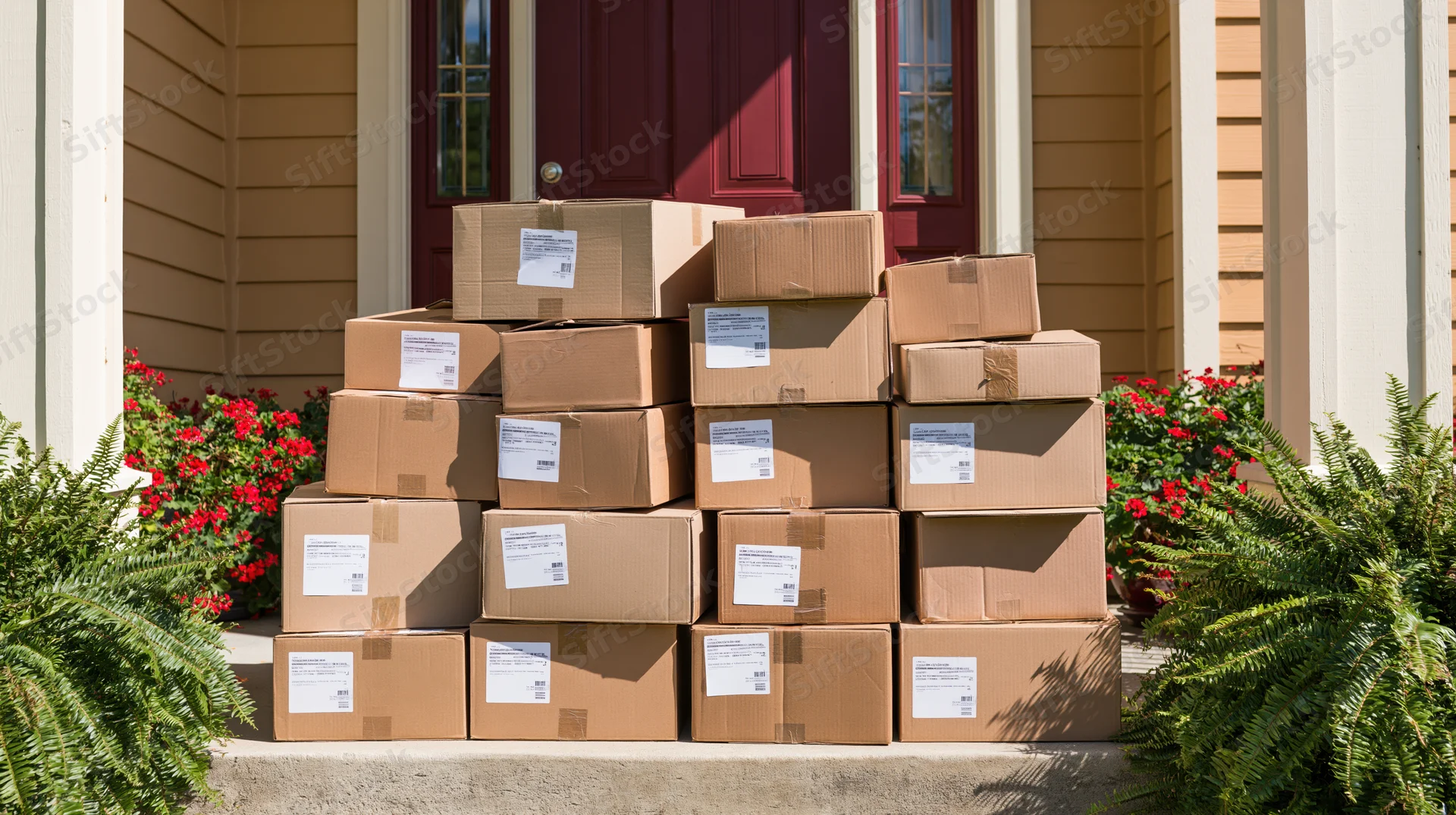 Stack of cardboard boxes piled on a house porch doorstep