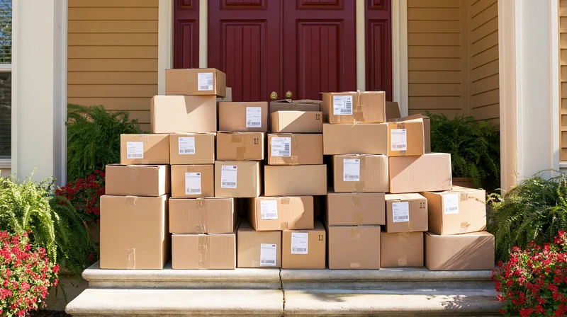 Stacks of cardboard boxes piled on a front porch steps in front of a red door