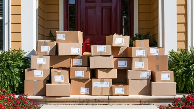 Stacks of cardboard packages piled on a residential doorstep in front of a red door
