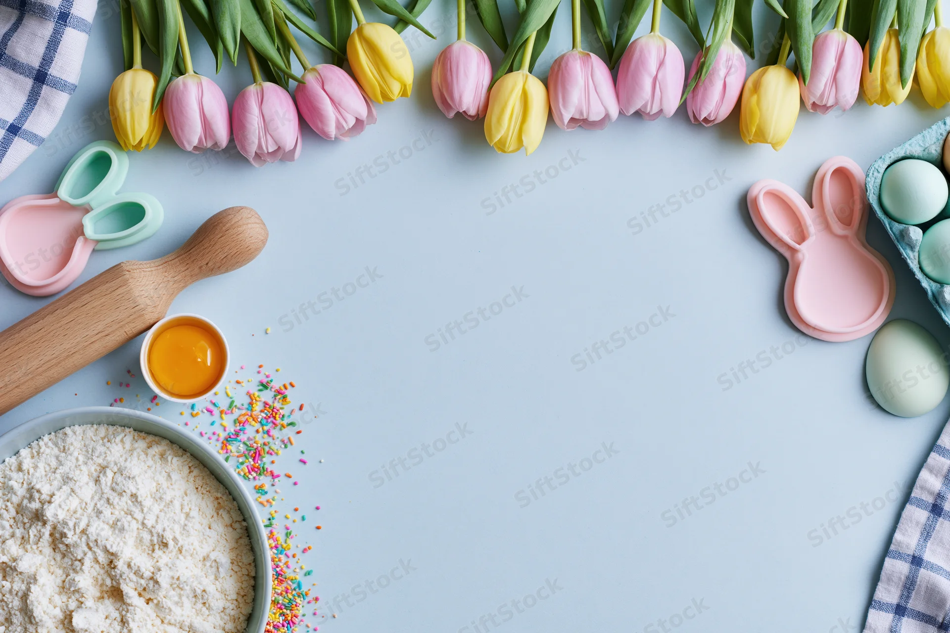 Easter baking ingredients and tulips arranged on a blue table with copyspace
