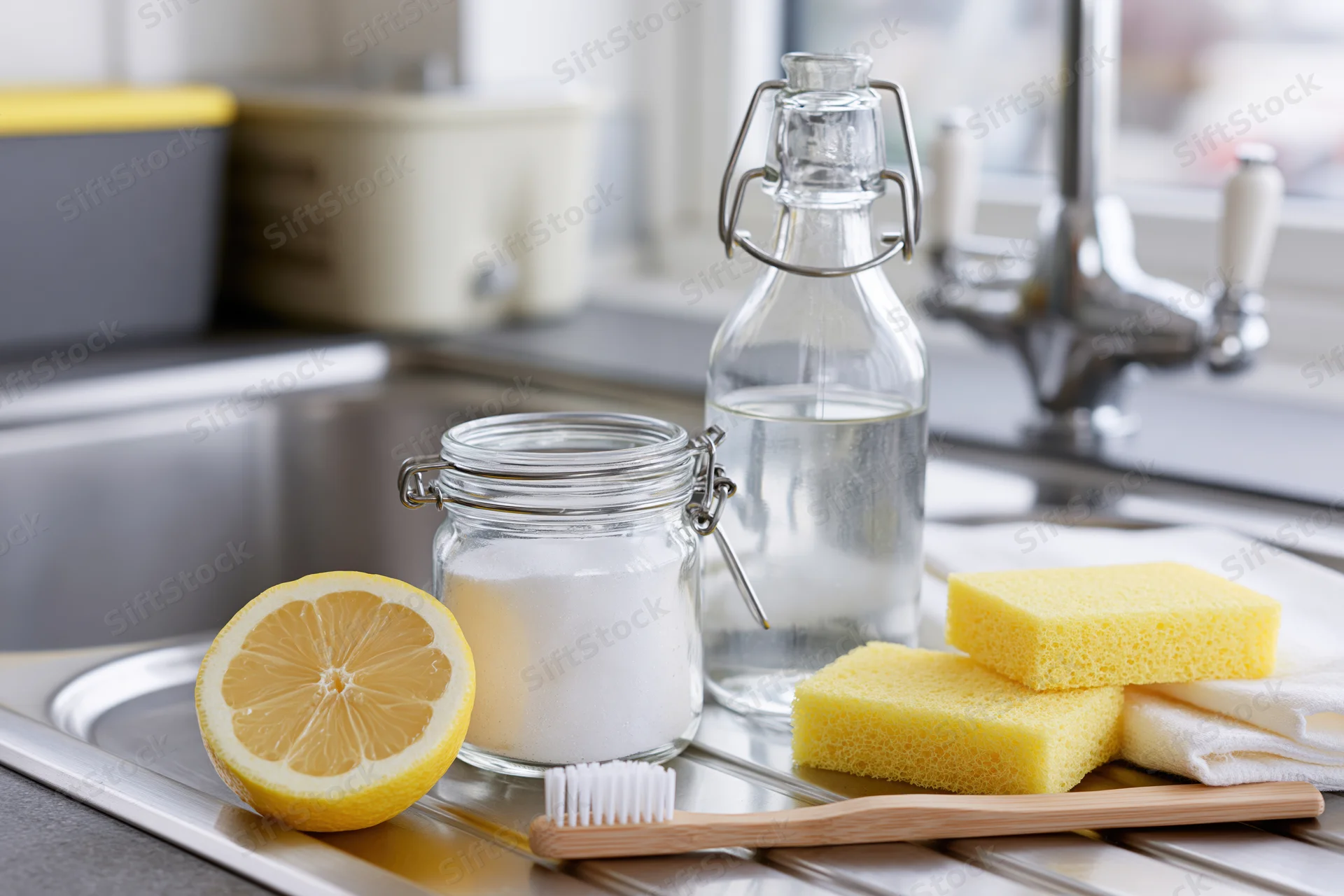 Lemon half, glass jar with white powder, glass bottle with liquid, yellow sponges, bamboo brush, and towel arranged on kitchen sink countertop
