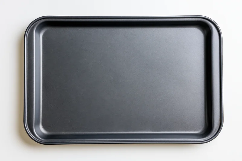 Black nonstick baking tray viewed from above on white background