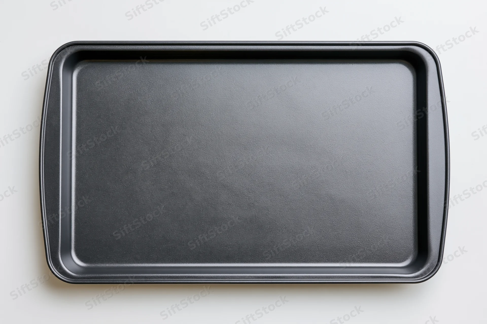 Black nonstick baking pan on white surface