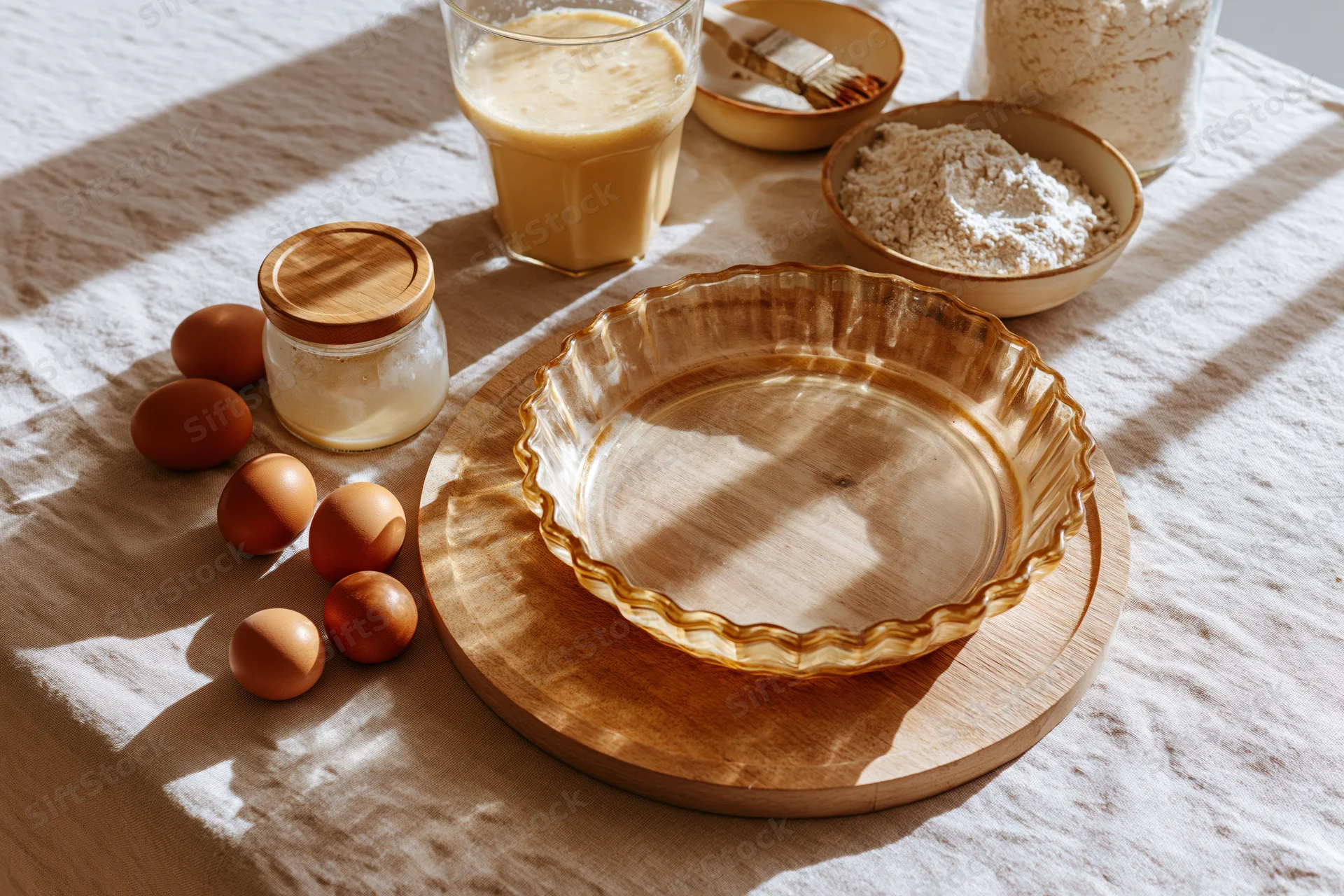 Baking ingredients arranged on a wooden tray with glass bowl and eggs on a tablecloth