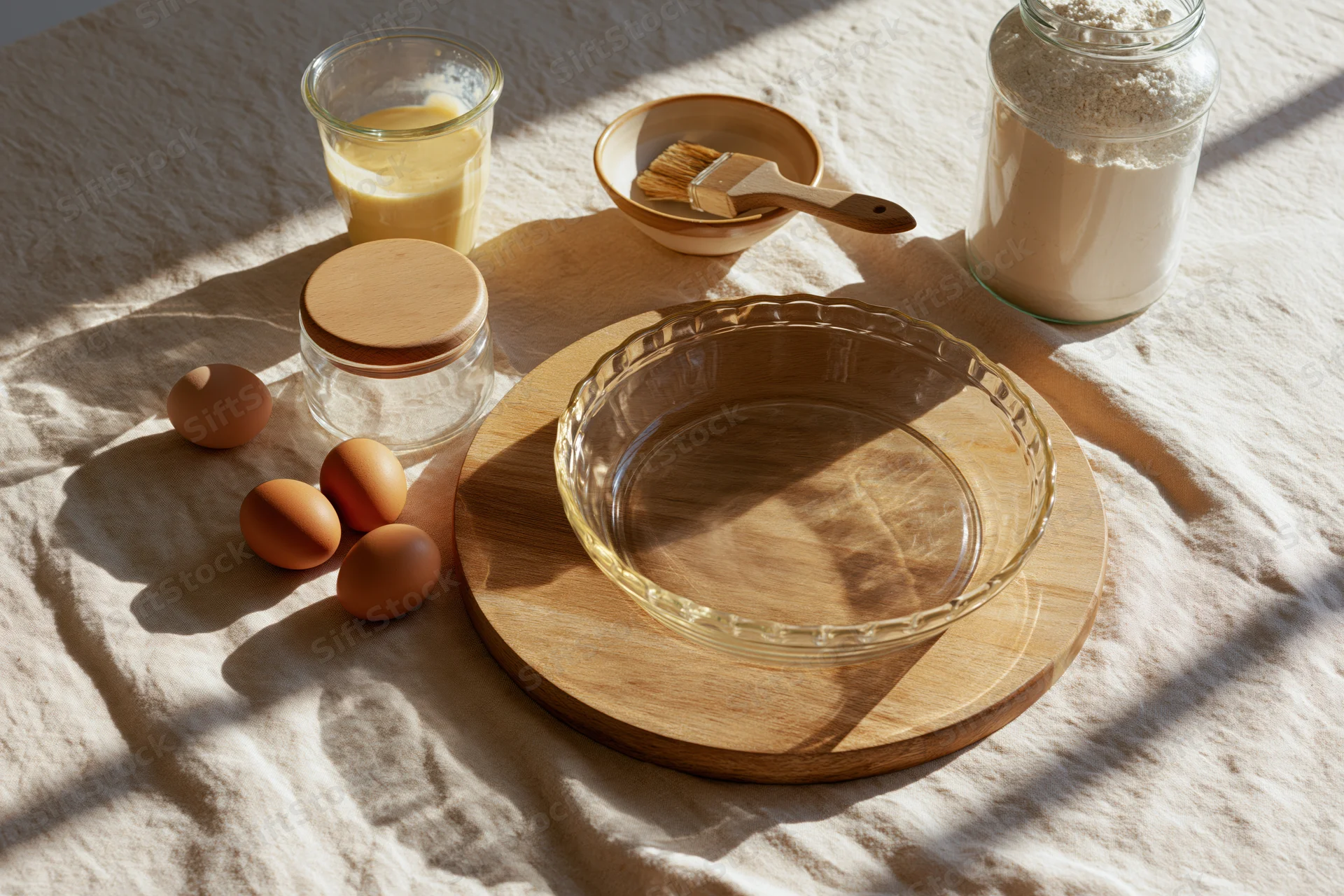 Glass pie dish on wooden tray surrounded by baking ingredients on a sunlit linen tablecloth