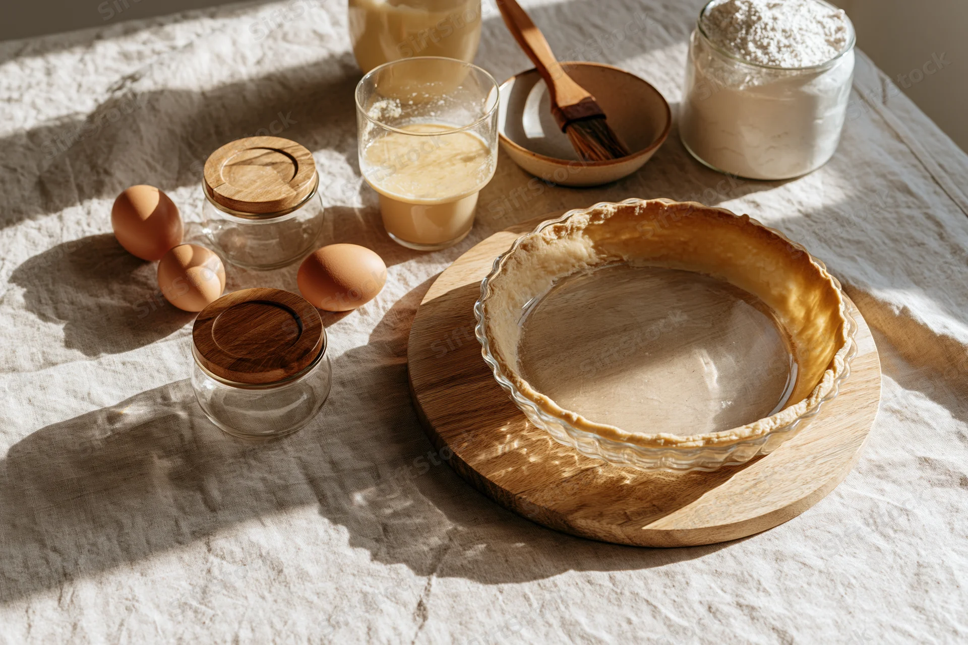Empty pie crust on wooden board surrounded by baking ingredients on linen-covered table