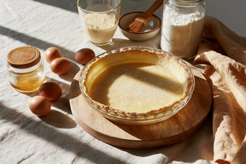Baked pie crust in a glass dish on a wooden board surrounded by baking ingredients on a sunlit table