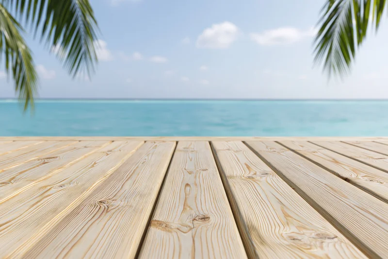 Wooden deck overlooking turquoise ocean with palm fronds framing the view