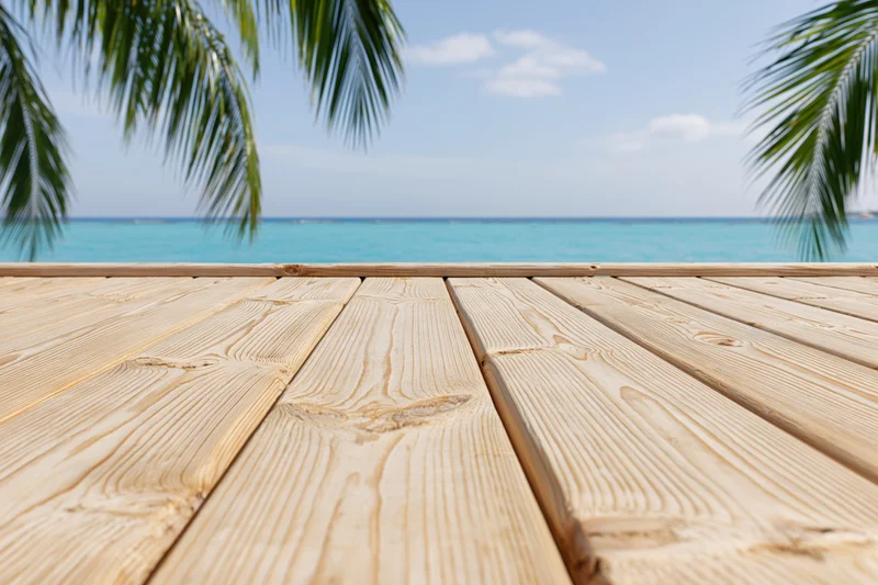 Wooden deck overlooking turquoise ocean with palm fronds framing the view