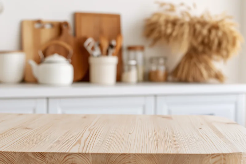 Wooden kitchen countertop in a bright home interior with blurred background of cooking tools and decor