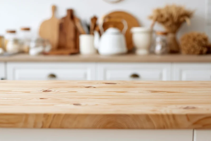 Wooden kitchen countertop in focus with blurred background of white cabinetry and decor