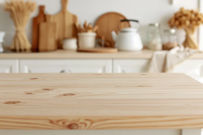 Wooden kitchen countertop in a bright home interior with blurred background decor