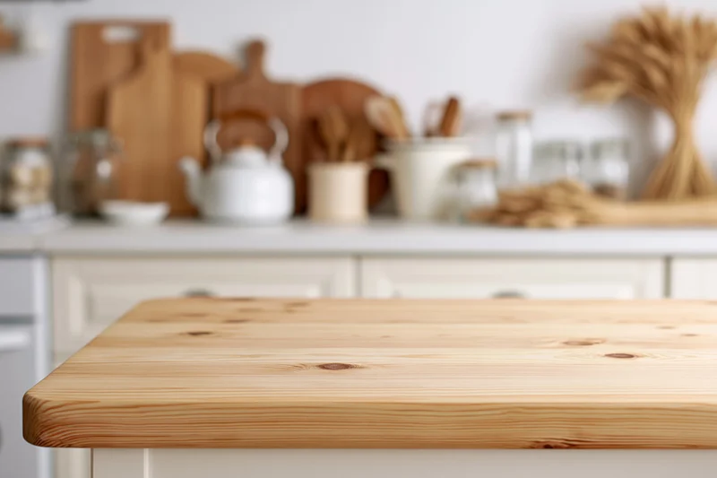 Wooden kitchen countertop in a bright home kitchen with blurred background of utensils and decor