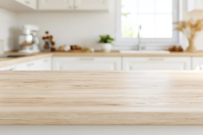 Wooden kitchen countertop in a bright modern home interior with white cabinetry and window in background
