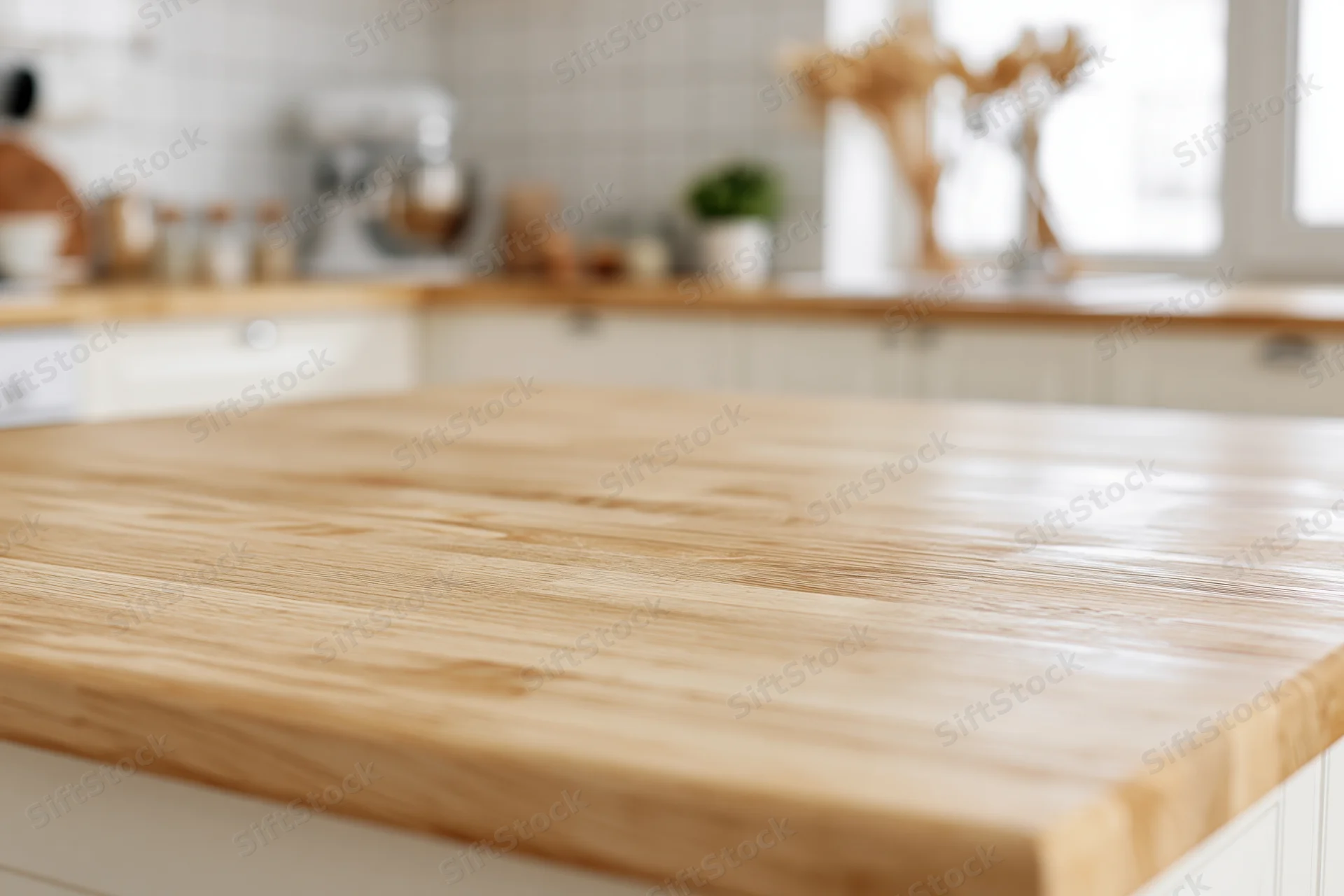 Bamboo countertop in a bright modern kitchen with white cabinetry and natural light
