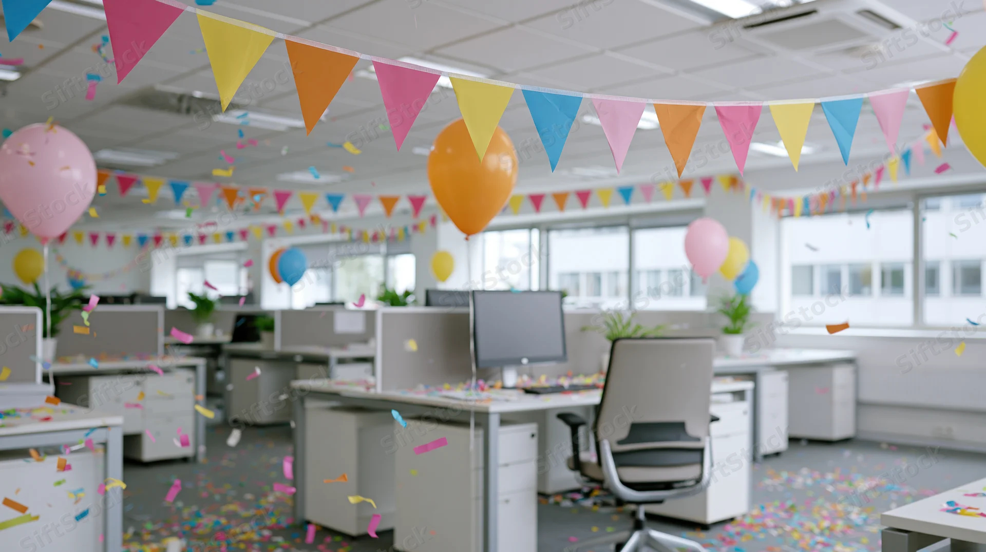 Office decorated with balloons and bunting for a celebration