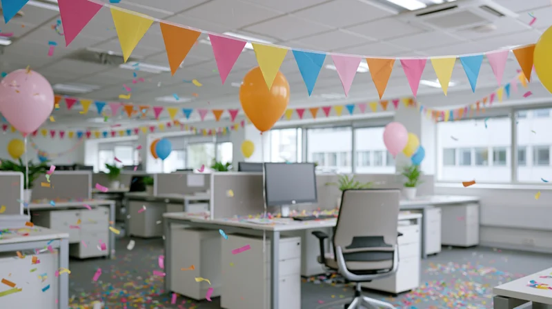 Office decorated with balloons and bunting for a celebration
