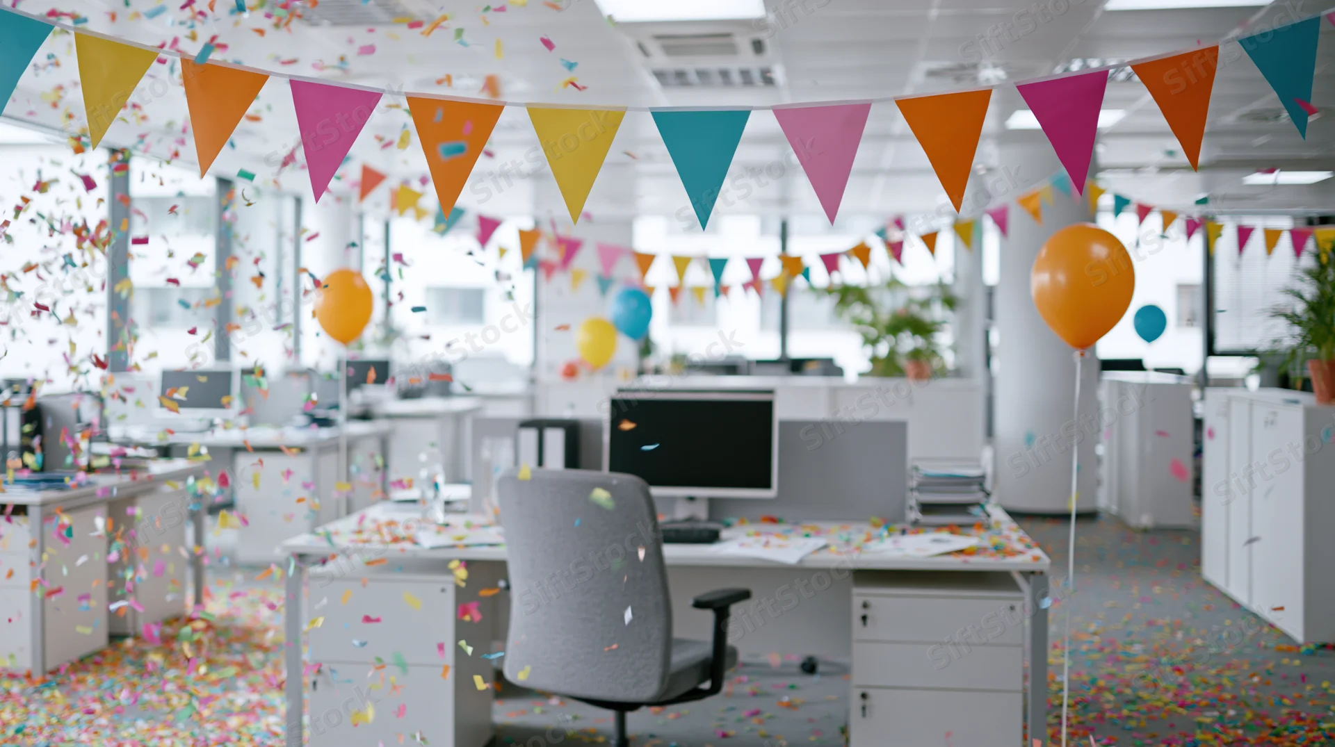 Office decorated with colorful bunting, balloons and falling confetti for a celebration