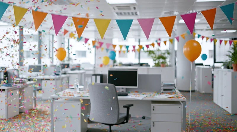 Office decorated with colorful bunting, balloons and falling confetti for a celebration