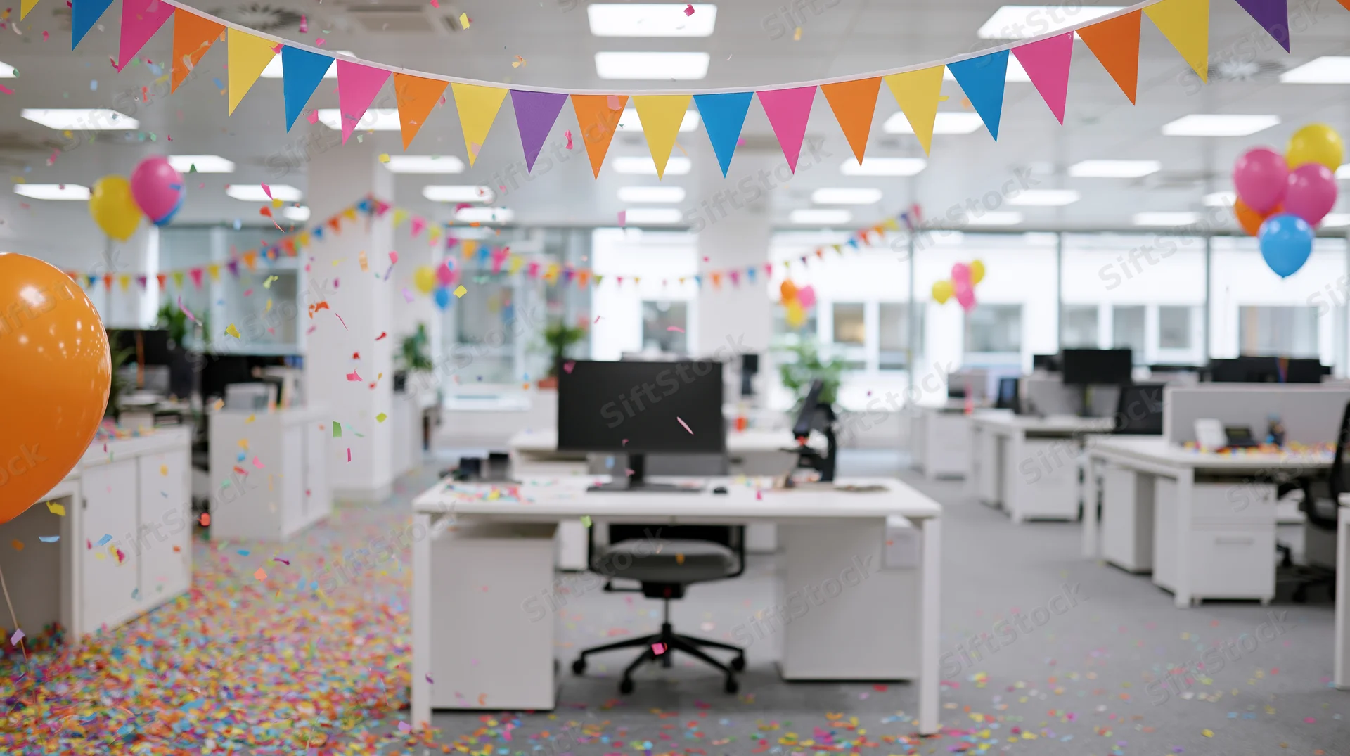 Office decorated with colorful bunting, balloons and confetti for a celebration